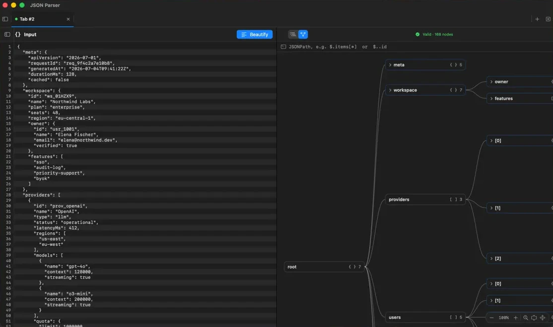 JaySnake with raw JSON on the left and a node graph of the same document on the right