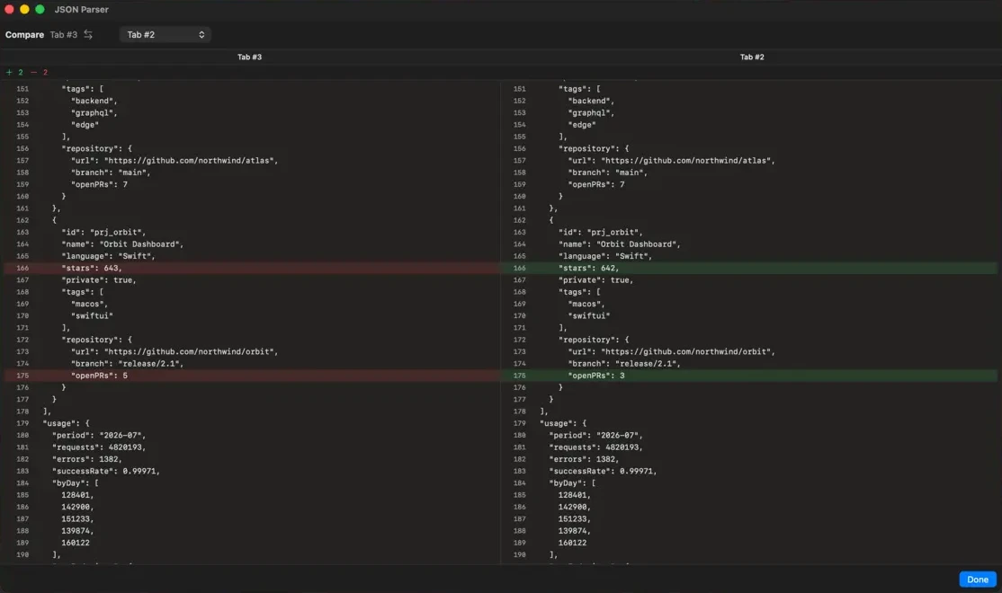The JaySnake split diff between two open tabs, with the two changed lines highlighted